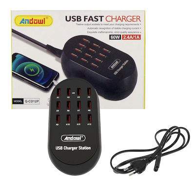 STAZIONE DI RICARICA CON 12 PORTE USB A PRESA VELOCE PER SMARTPHONE/TABLET - 60W 2.4A/1A (Q-CD12P) (Andowl)