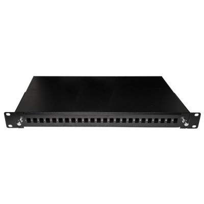 CASSETTO FIBRA OTTICA 24 PORTE PER ADATTATORI LC DUPLEX E SC SIMPLEX 1 UNITA' PER INSTALLAZIONE 19" NERO CON BINARI TELESCOPICI