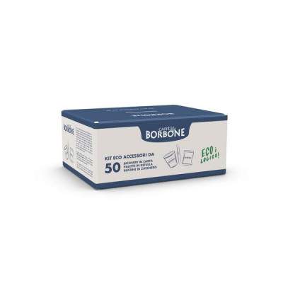 KIT ACCESSORI ECOLOGICO 50PZ BICCHIERINI DI CARTA + PALETTE + BUSTINE ZUCCHERO (Borbone)